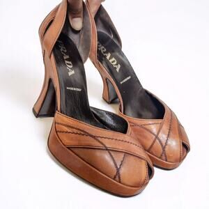 Prada Brown Leather Peep Toe Platform Heels Made in Italy Size 37/ US 6.5